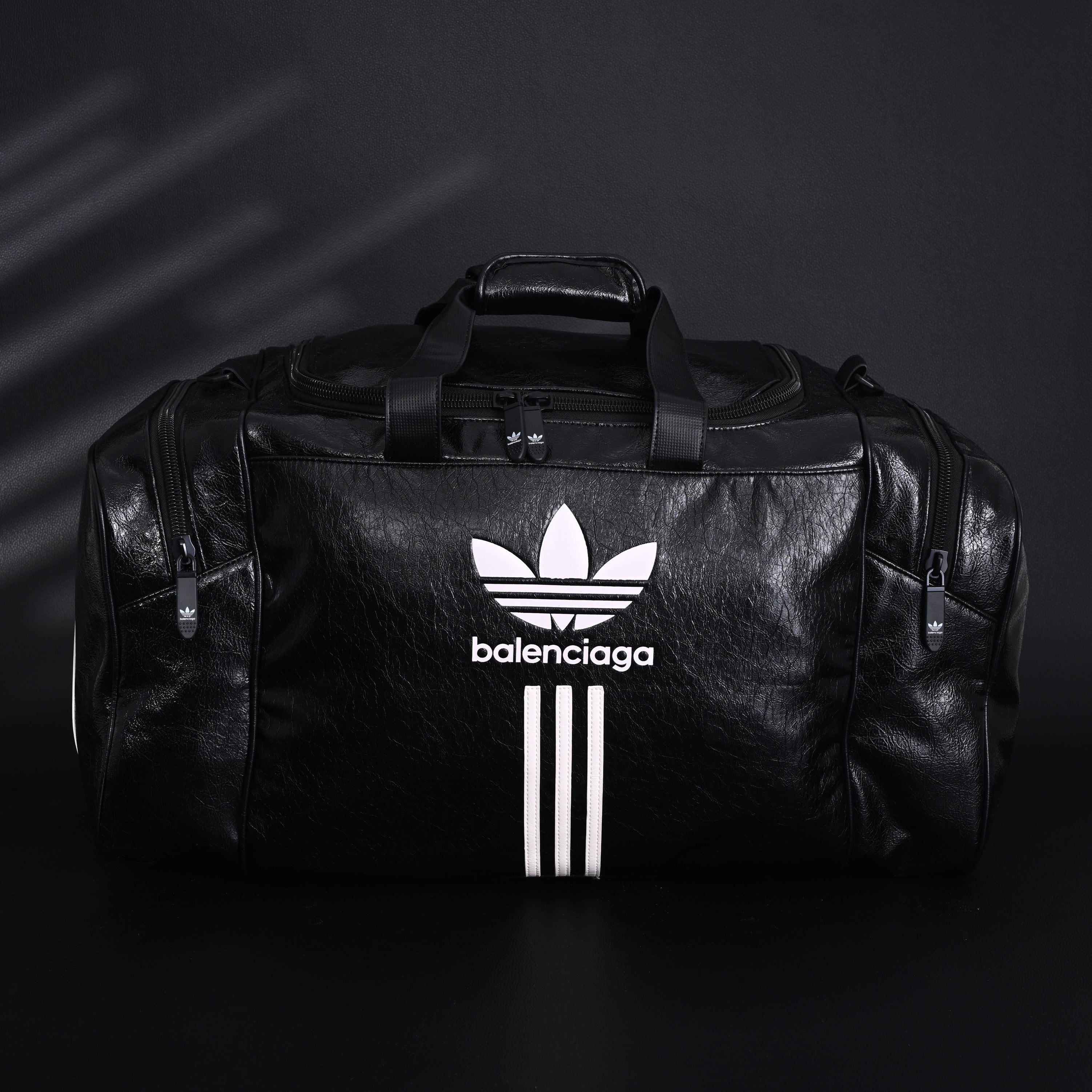 Balenciaga x adidas Large Duffel Travel Bag ¨C Black with Trefoil Logo and Triple Stripes
