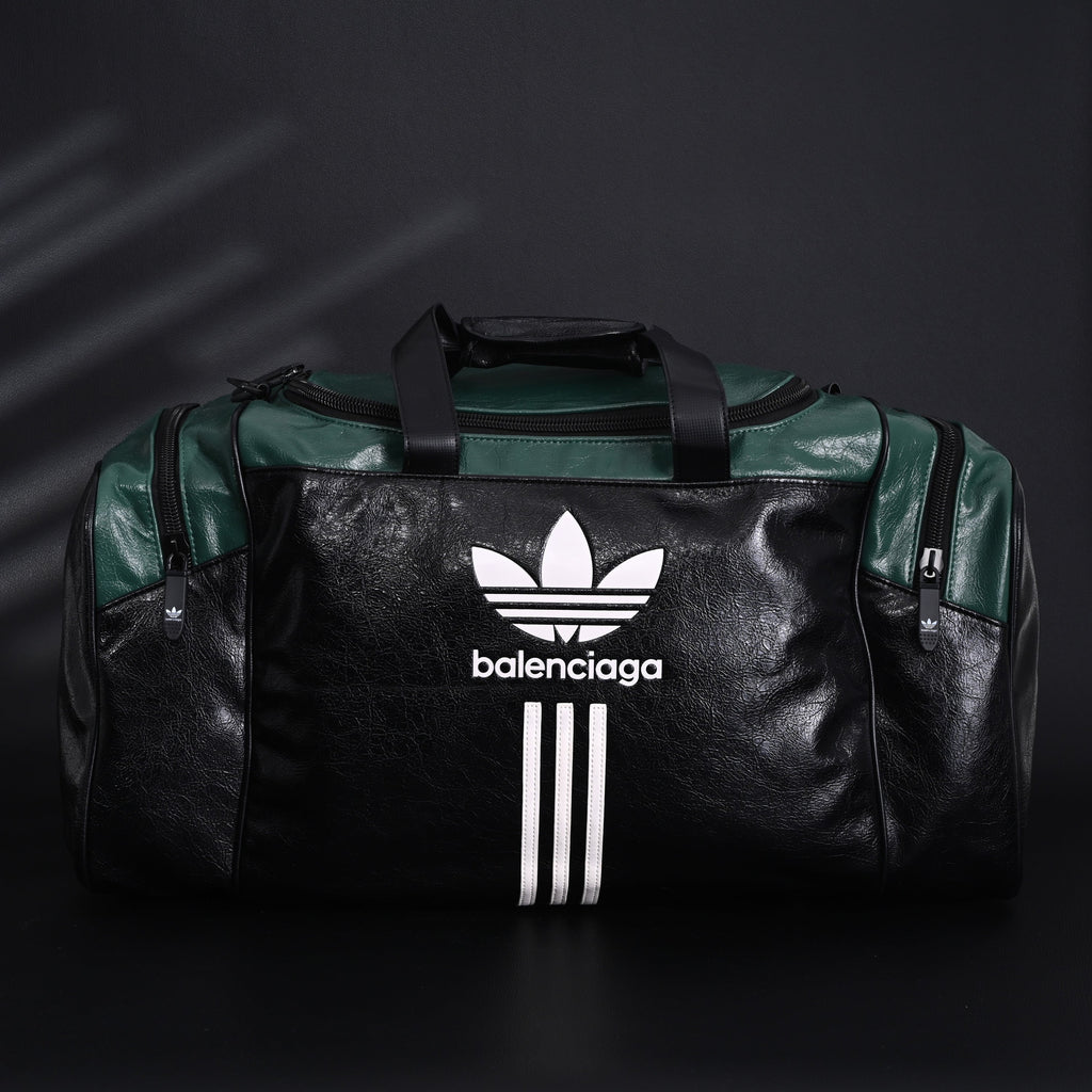 Balenciaga x adidas Large Duffel Travel Bag ¨C Black & Green with Trefoil Logo and Triple Stripes