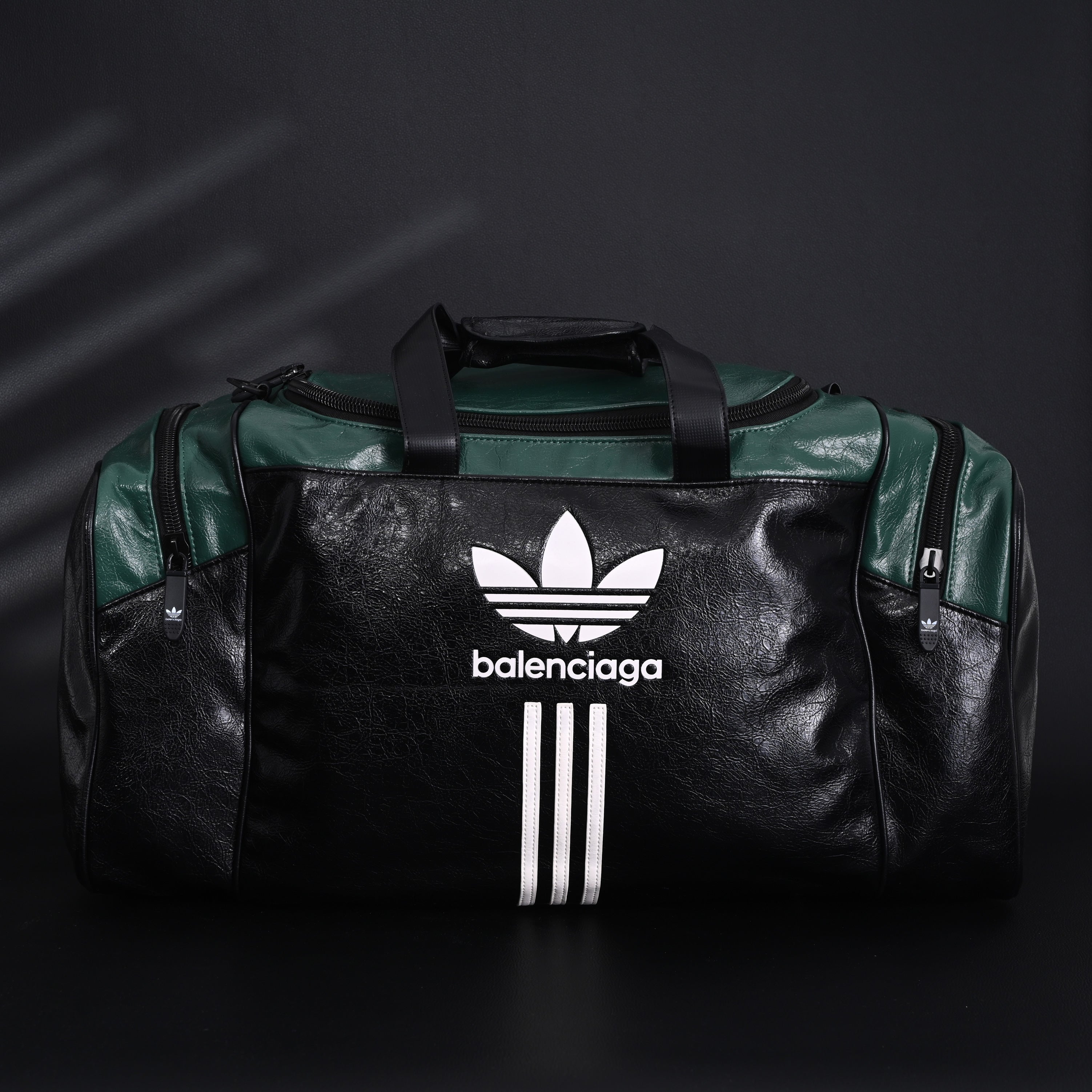 Balenciaga x adidas Large Duffel Travel Bag ¨C Black & Green with Trefoil Logo and Triple Stripes